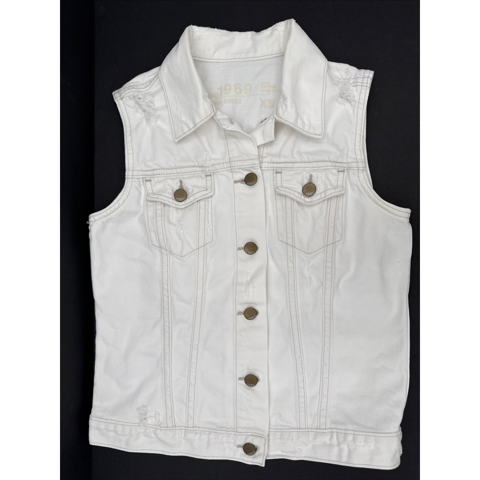 Vtg Y2k Gap 1969 White Distressed Denim Sleeveless Jean Jacket Sz Xs